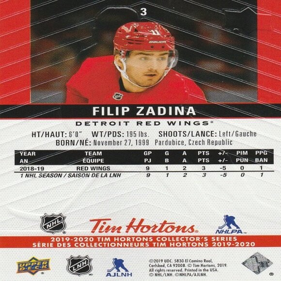 Filip Zadina - 2019/2020 Tim Hortons Collector's Series Card - Picture 2 of 2